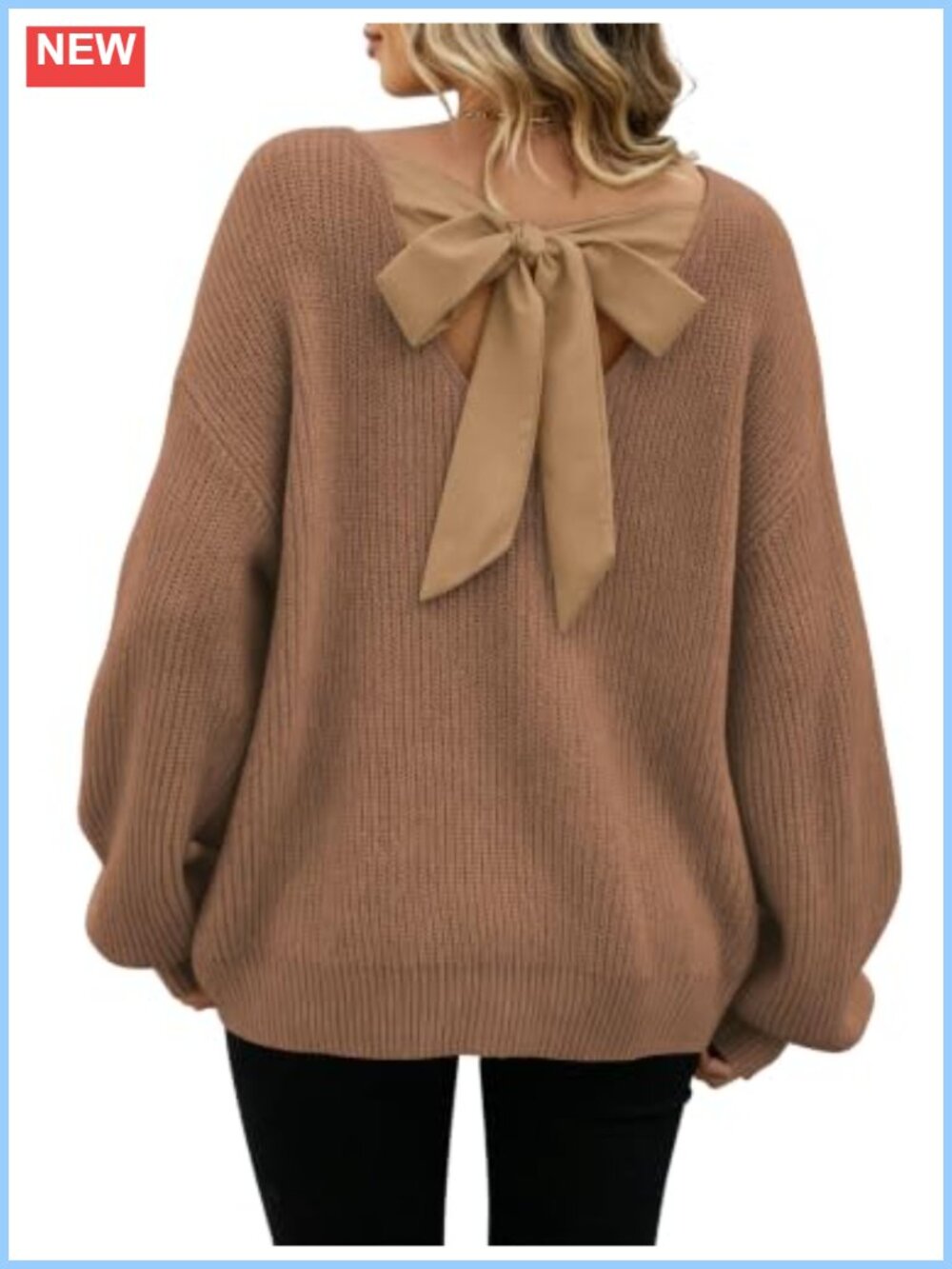 Womens Chunky Knit Bow Back Sweater Crewneck Long Sleeve
